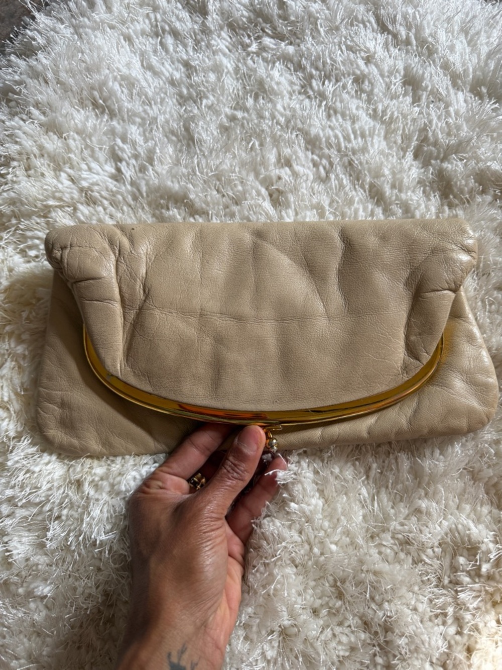 Vintage Henri California Custom Made Leather Clutch – Neutral Foldover Frame Bag